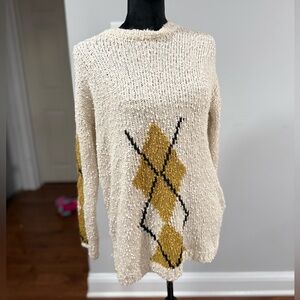 Chunky Cream Sweater with Mustard Argyle Detail